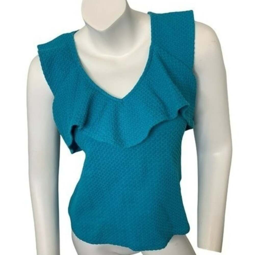 Deletta Anthropologie Small Turquoise v-neck sleeveless Texture blouse flounce